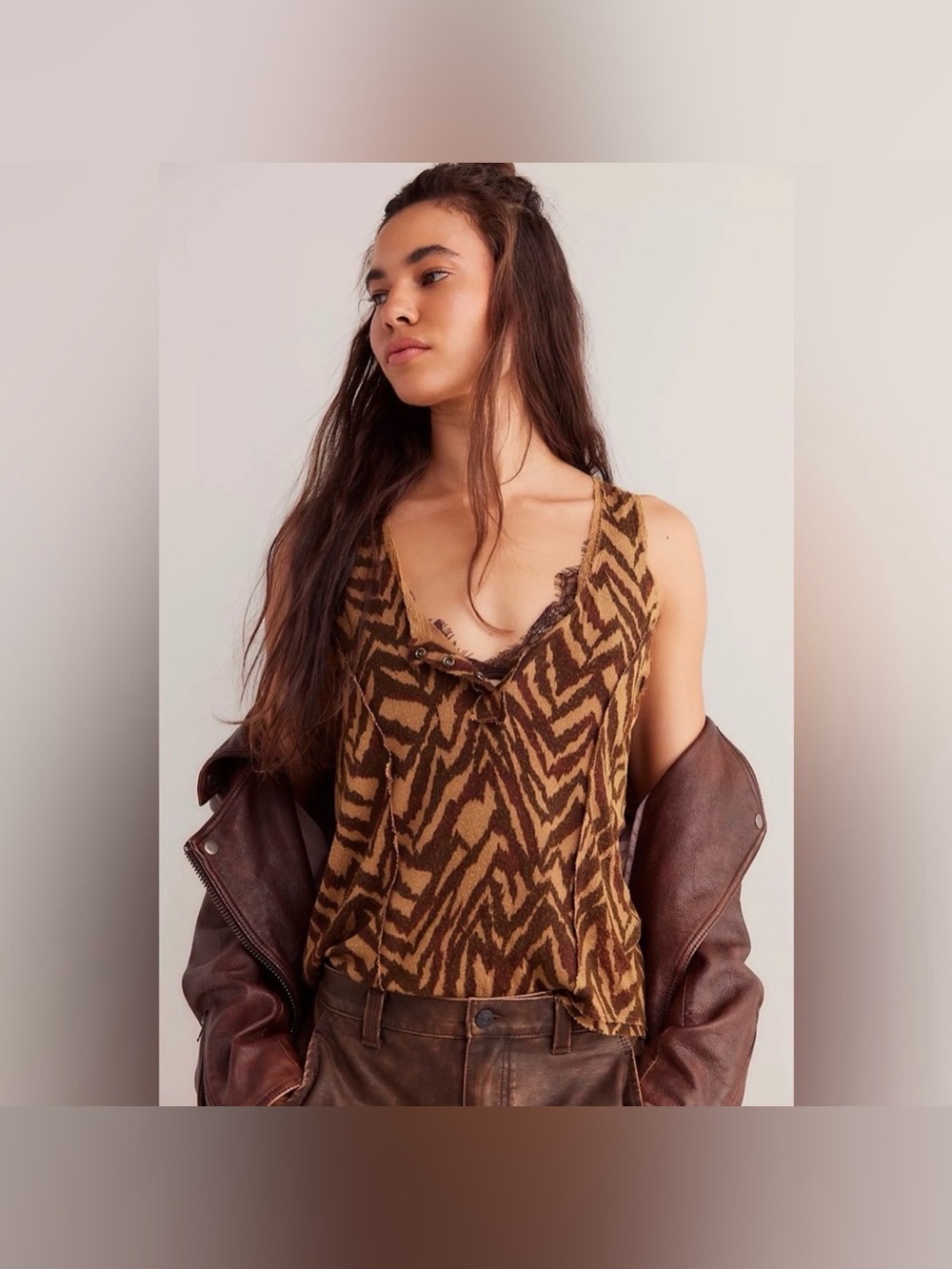 We The Free Brown Zebra-Print Scoop Neck Tank